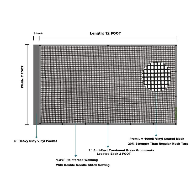 Leaveshade Dump Truck Mesh Tarp 7'X12'-Heavy Duty Dump Trailer Mesh Tarp Cover with 6'' Pocket, No Rust Thicker Copper Eyelets, Reinforced Double Stitch Webbing Ripping Tearing Stop (Black) - Image 5